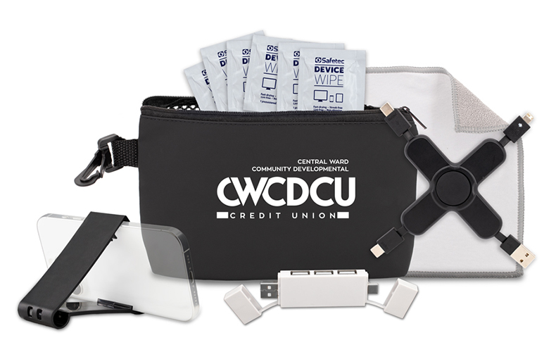 10 pcs Cleaning and Charging Tech Kit in Black Mesh Zipper Pouch